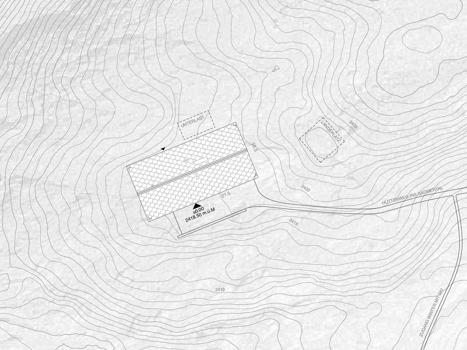 Situationsplan, Grundriss und Schnitt der neuen Trifth&uuml;tte. Quelle: Werkgruppe AGW