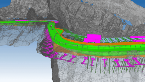 Das parametrische 3D-Modell zeigt das Bauwerk mit Ankern und Mikropf&auml;hlen im Detail.