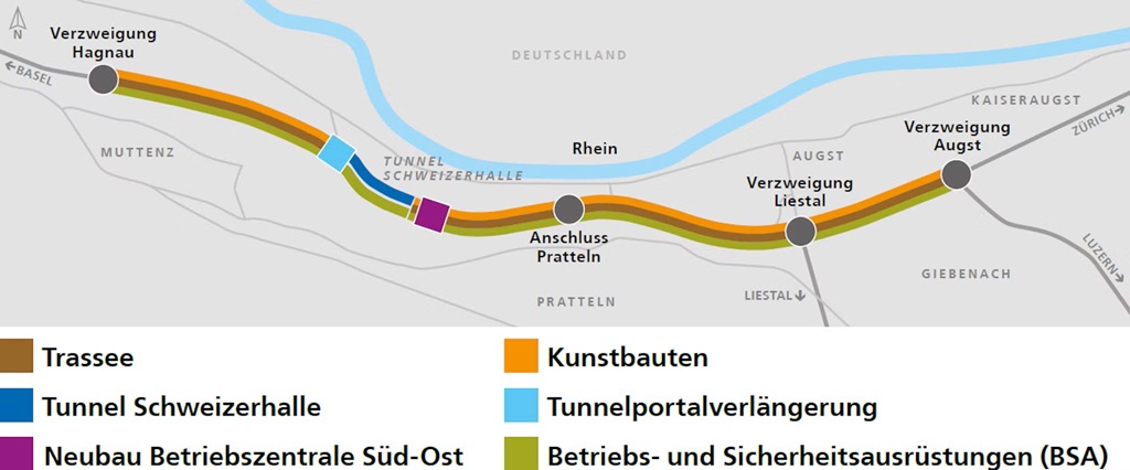 Der Autobahnabschnitt der A2 zwischen der Verzweigung Hagnau und der Verzweigung Augst wird umfassend instandgesetzt. Dazu geh&ouml;ren unter anderem die Sanierung des Tunnels Schweizerhalle, die Erneuerung des Deckbelags sowie die Modernisierung der Betriebs- und Sicherheitsausr&uuml;stung. Damit wird der langfristige Betrieb dieses stark belasteten Abschnitts sichergestellt. Bildquelle: ASTRA